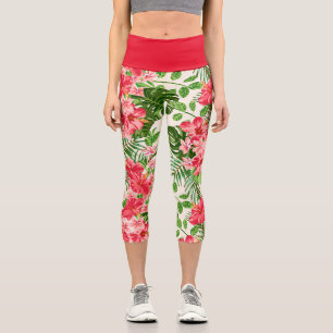 Red Hibiscus Flower Pattern High Waisted Capris
