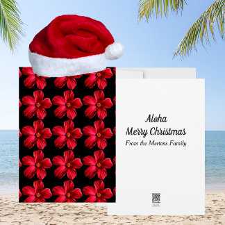 Red Hibiscus Flower Pattern Tropical Christmas Holiday Card