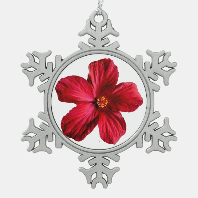Red Hibiscus Flower Pewter Snowflake Ornament (Front)
