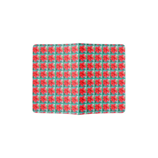 Red Hibiscus Flower Plaid Pattern Passport Holder (Opened)