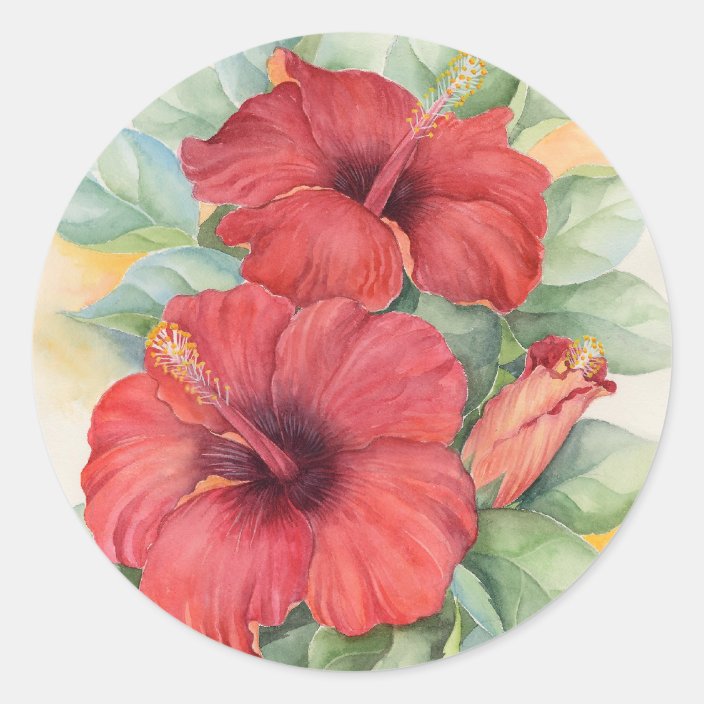 Red Hibiscus Flower Round Stickers Watercolor Art Zazzle Com