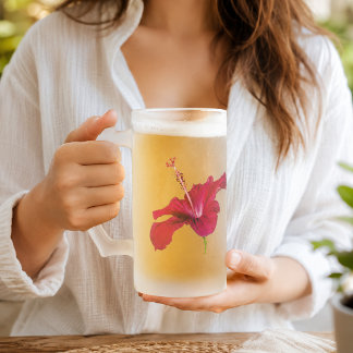 Red Hibiscus Flower Side View Frosted Glass Beer Mug