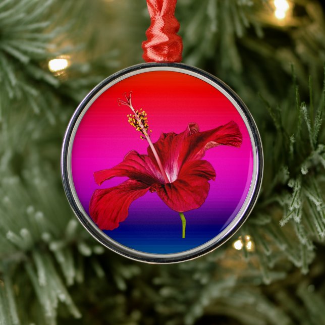 Red Hibiscus Flower Side View Metal Ornament (Tree)