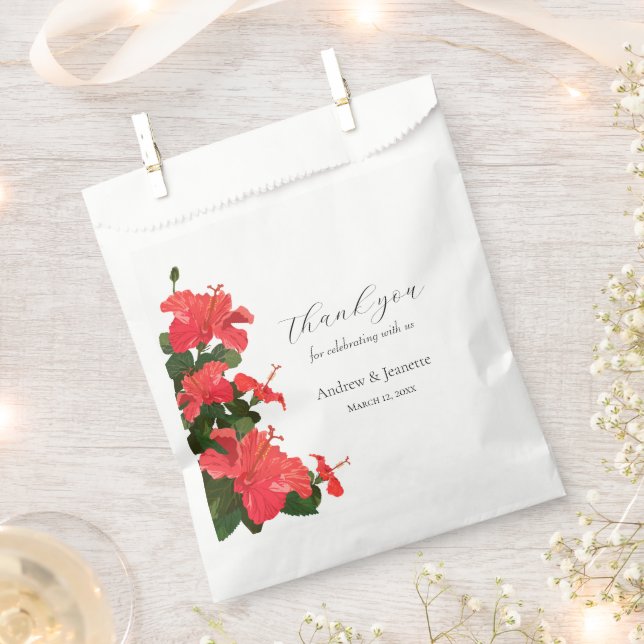 Red Hibiscus Flower Thank you Wedding Favor Bag (Clipped)