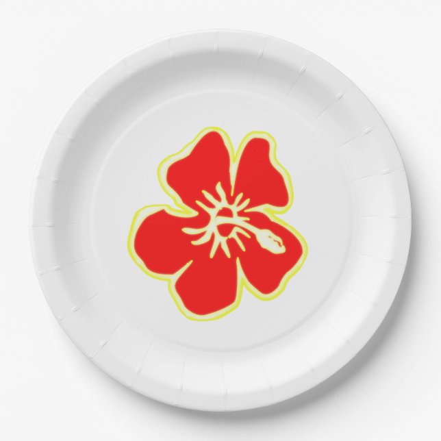Red Hibiscus Flower Tropical Hawaiian Luau Party Paper Plates (Front)