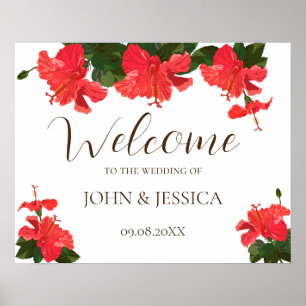 Red hibiscus flower wedding welcome sign poster
