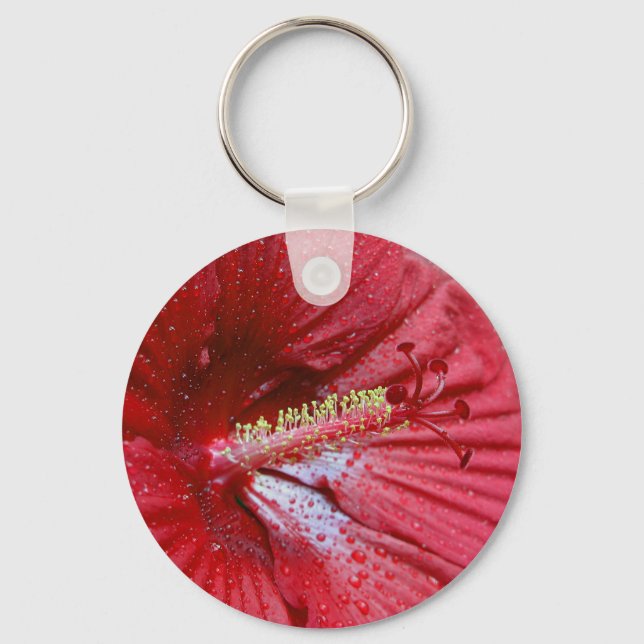 Red Hibiscus Flower With Raindrops Photo Keychain (Front)