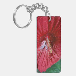 Red Hibiscus Flower With Raindrops Photo Keychain