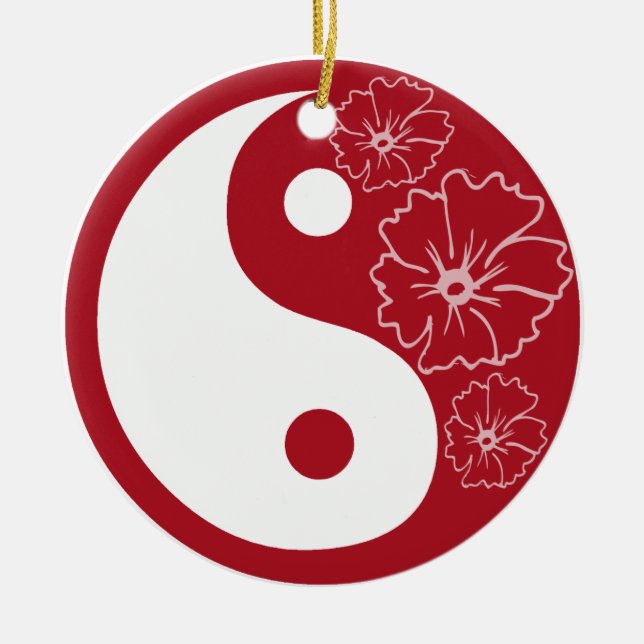 Red Hibiscus Flower Yin Yang Ceramic Ornament (Front)