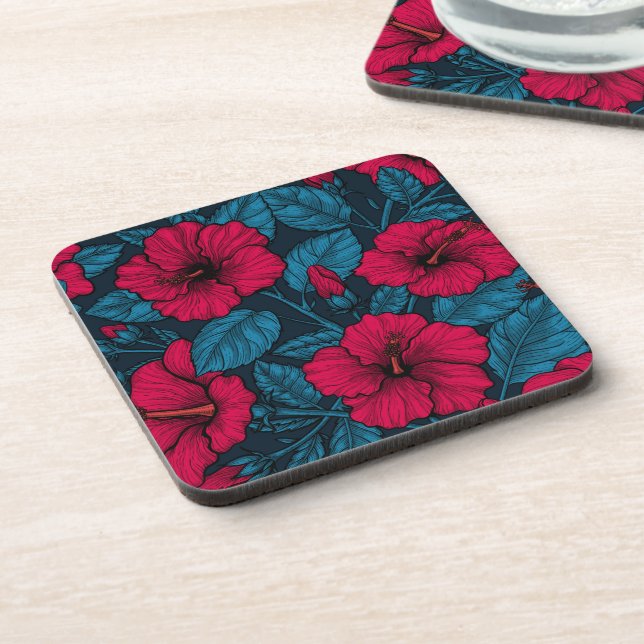 Red hibiscus flowers beverage coaster (Left Side)