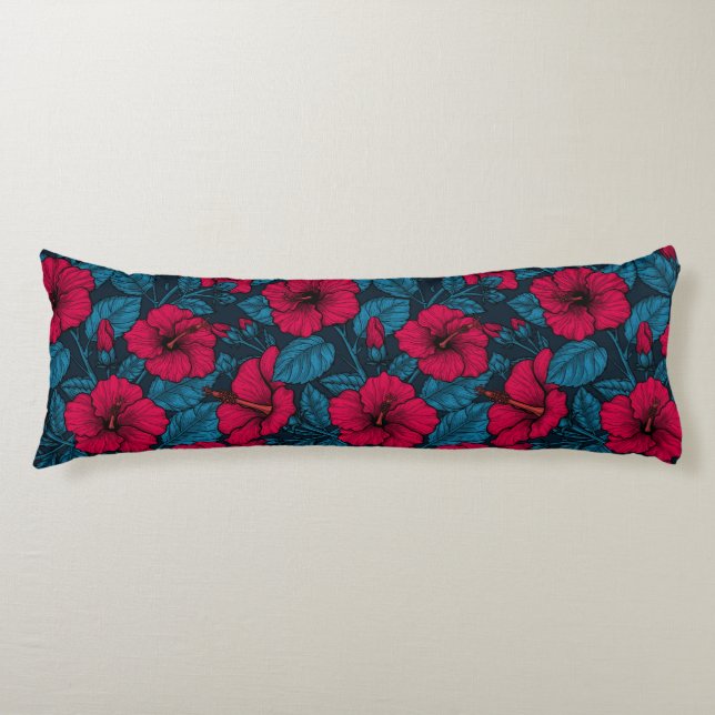 Red hibiscus flowers body pillow (Front)