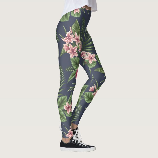 Red Hibiscus Flowers Dark Background leggings (Right)