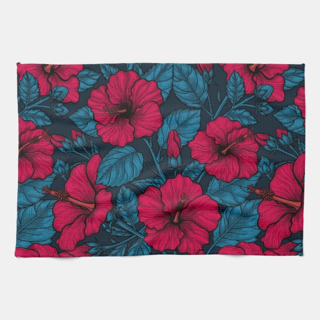 Red hibiscus flowers kitchen towel (Horizontal)