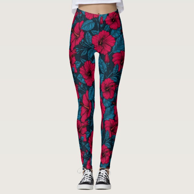 Red hibiscus flowers leggings (Front)