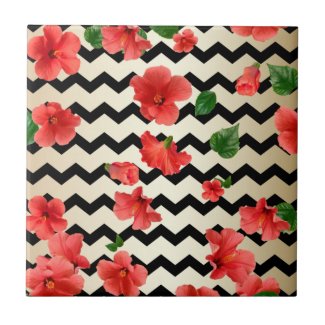 Red Hibiscus Flowers On Black And Beige Chevron Ceramic Tile
