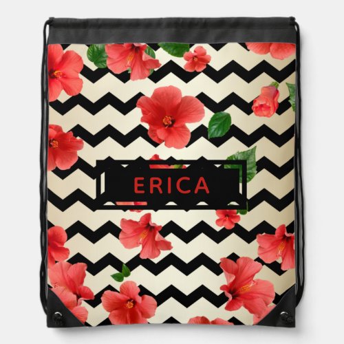 Red Hibiscus Flowers On Black And Beige Chevron Drawstring Bag