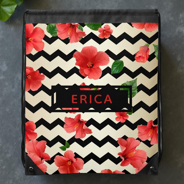 Red Hibiscus Flowers on Black and Beige Chevron Drawstring Bag (Creator Uploaded)