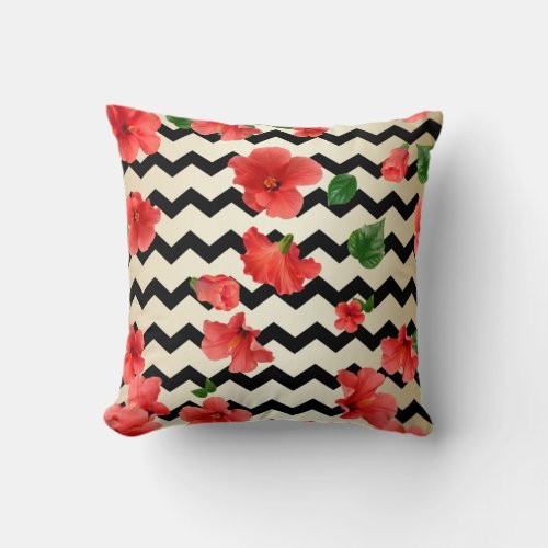 Red Hibiscus Flowers On Black And Beige Chevron  Throw Pillow