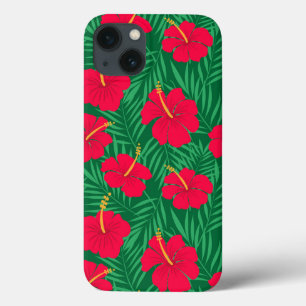 Red Hibiscus Flowers on Green Tropical Leaves  iPhone 13 Case