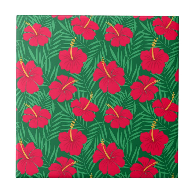 Red Hibiscus Flowers on Green Tropical Leaves  Ceramic Tile (Front)