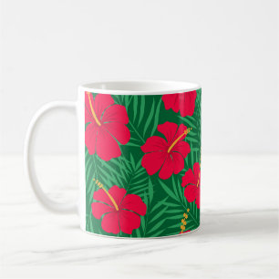 Red Hibiscus Flowers on Green Tropical Leaves Coffee Mug