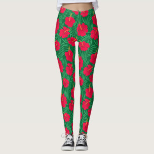 Red Hibiscus Flowers on Green Tropical Leaves  Leggings