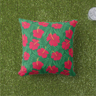 Red Hibiscus Flowers on Green Tropical Leaves Outdoor Pillow