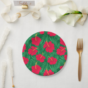 Red Hibiscus Flowers on Green Tropical Leaves Paper Plates