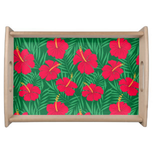 Red Hibiscus Flowers on Green Tropical Leaves Serving Tray