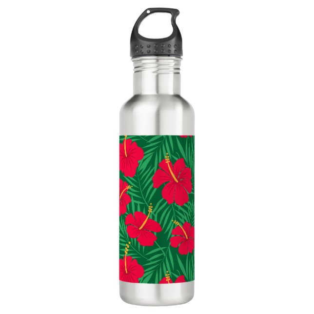 Red Hibiscus Flowers on Green Tropical Leaves  Stainless Steel Water Bottle (Front)