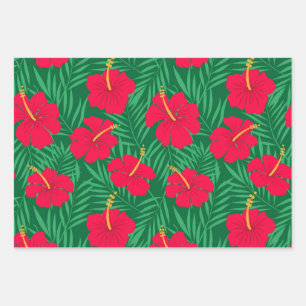 Red Hibiscus Flowers on Green Tropical Leaves  Wrapping Paper Sheets