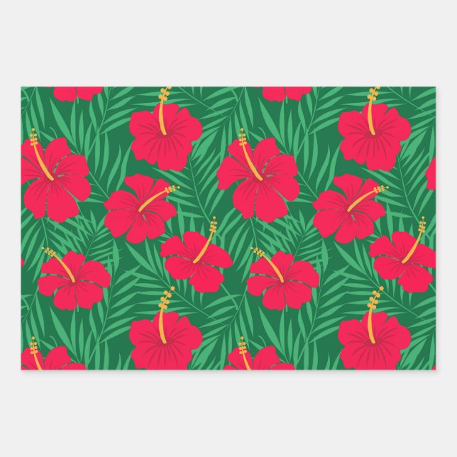 Red Hibiscus Flowers on Green Tropical Leaves  Wrapping Paper Sheets (Front)