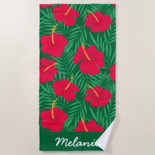 Red Hibiscus Flowers on Tropical Leaves Custom Beach Towel
