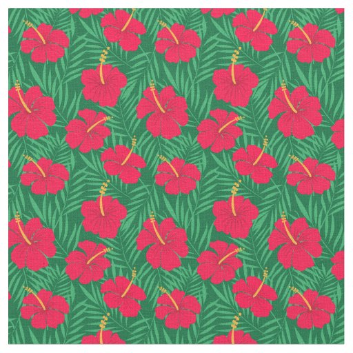 Red Hibiscus Flowers on Tropical Leaves Pattern Fabric