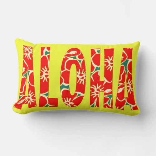 Red Hibiscus Flowers On Yellow Hawaiian Aloha Lumbar Pillow