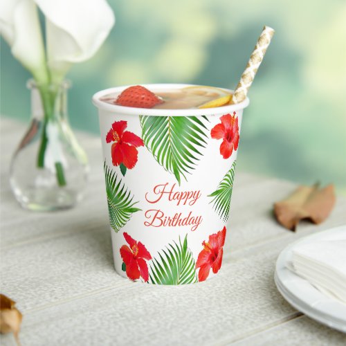 Red Hibiscus Flowers  Palm Leaves Birthday Party Paper Cups