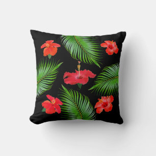 Red Hibiscus Flowers & Palm Leaves on Black Throw Pillow