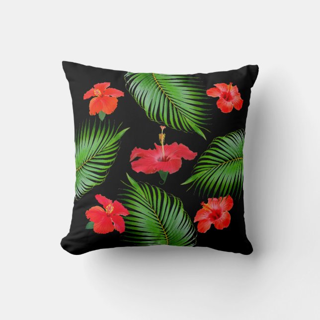 Red Hibiscus Flowers & Palm Leaves on Black Throw Pillow (Front)