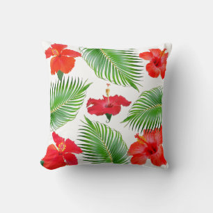 Red Hibiscus Flowers & Palm Leaves on White Throw Pillow