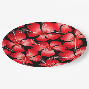 Red hibiscus flowers paper plates
