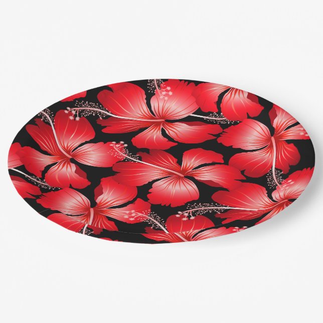 Red hibiscus flowers paper plates (Angled)