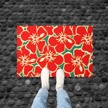Red Hibiscus Flowers Tropical Hawaiian Decor Doormat by machomedesigns at Zazzle