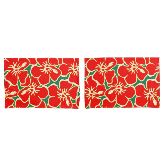 Red Hibiscus Flowers Tropical Hawaiian Decor Pillowcase (Front-Set)