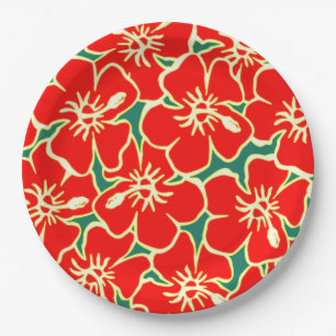 Red Hibiscus Flowers Tropical Hawaiian Luau Paper Plates