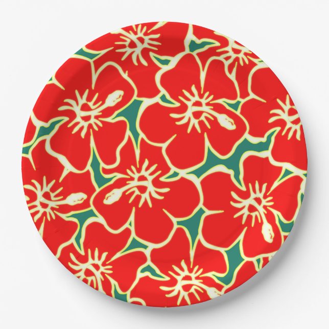 Red Hibiscus Flowers Tropical Hawaiian Luau Paper Plates (Front)