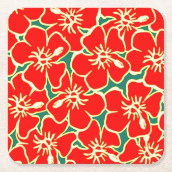 Red Hibiscus Flowers Tropical Hawaiian Luau Party Square Paper Coaster by macdesigns2 at Zazzle