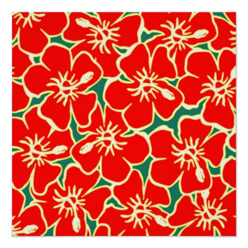 Red Hibiscus Flowers Tropical Hawaiian Luau Poster