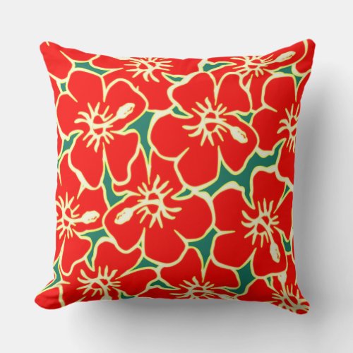 Red Hibiscus Flowers Tropical Hawaiian Luau Throw Pillow