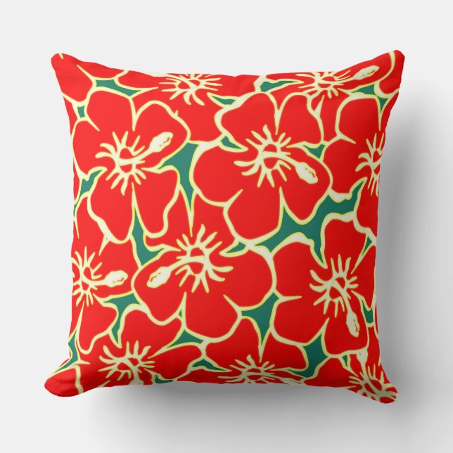 Red Hibiscus Flowers Tropical Hawaiian Luau Throw Pillow (Front)