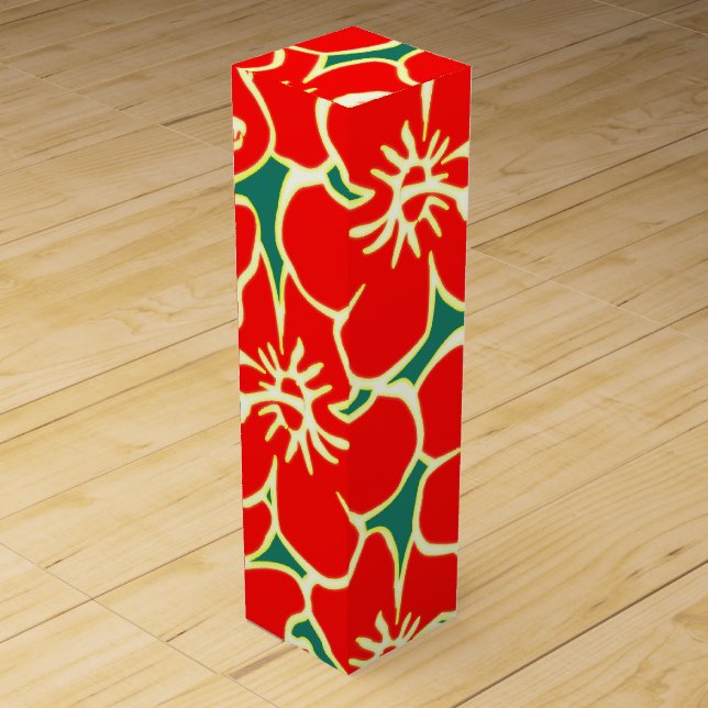 Red Hibiscus Flowers Tropical Hawaiian Luau Wine Gift Box (Front)
